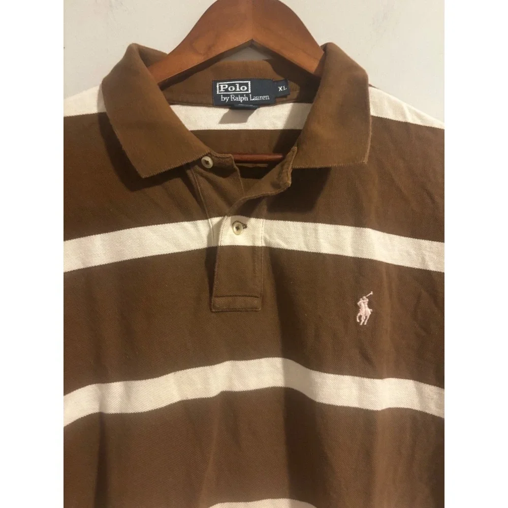 Vintage Ralph Lauren‎ Polo Shirt Men's XL Short Sleeve Brown Cream Striped